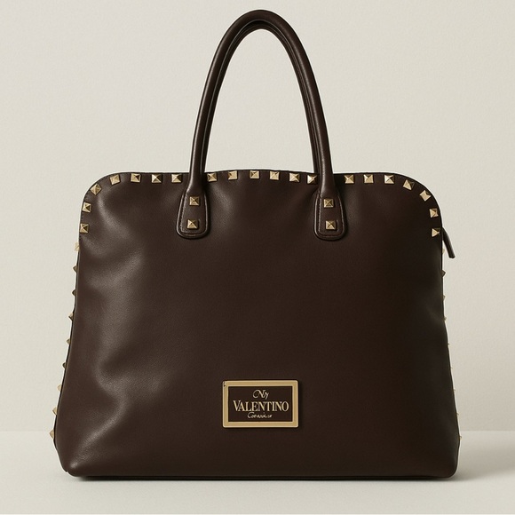 Valentino Garavani Brown Studded Satchel Tote Bag - Picture 1 of 16